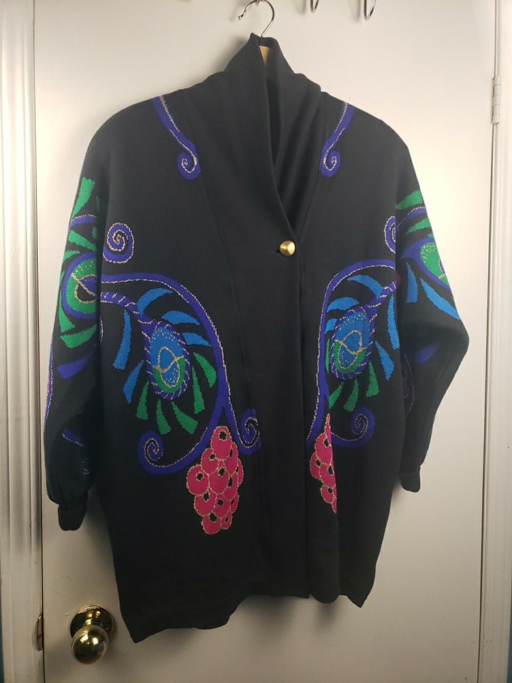 Vintage Laurel Escada Black Cozy Cardigan with Bright Abstract Motif Size 34